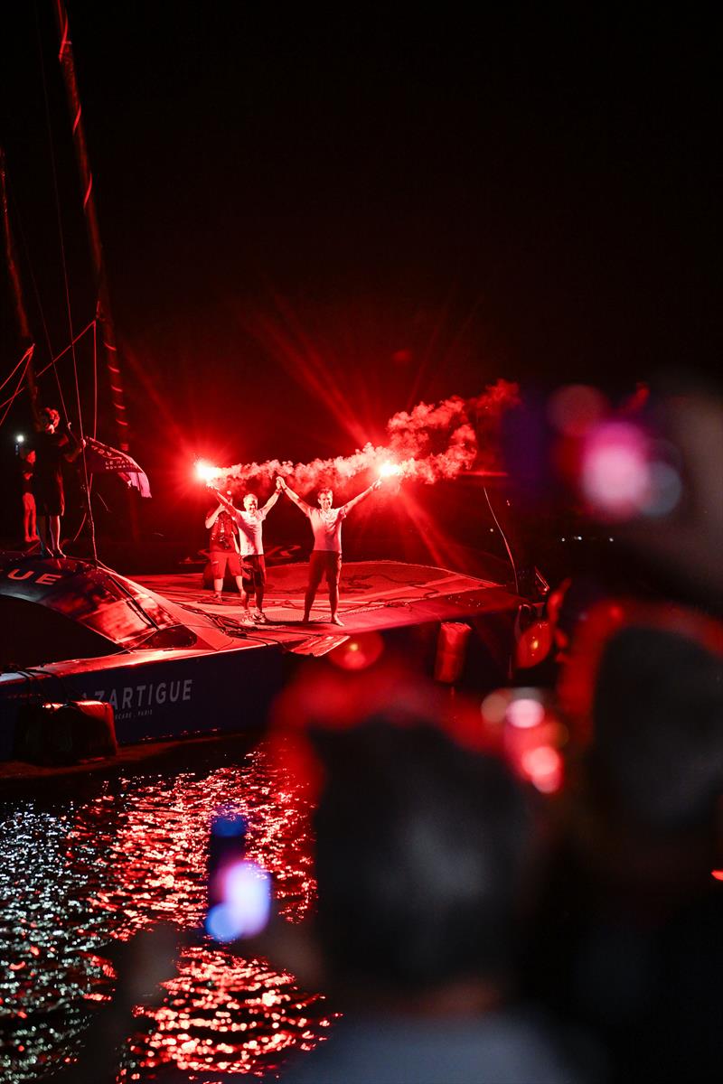 Tom Laperche and Franck Cammas on SVR Lazartigue win the Ultim division of the Transat Café L'OR 2025 photo copyright Jean-Louis Carli / Alea taken at  and featuring the Ultim class