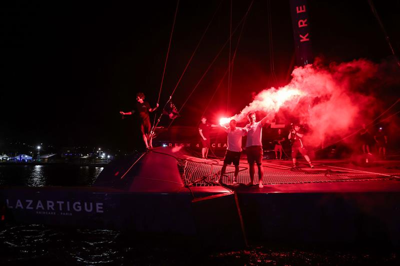 Tom Laperche and Franck Cammas on SVR Lazartigue win the Ultim division of the Transat Café L'OR 2025 photo copyright Jean-Marie Liot / Alea taken at  and featuring the Ultim class