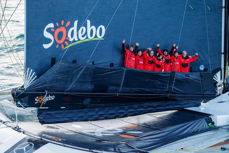 Thomas Colville and crew on Sodebo Ultim 3 off Ouessant, win the Jules Verne Trophy, a non-stop crewed round-the-world race, in Brest on Sunday 25th 2026  - photo © Lloyd Images / Sodebo