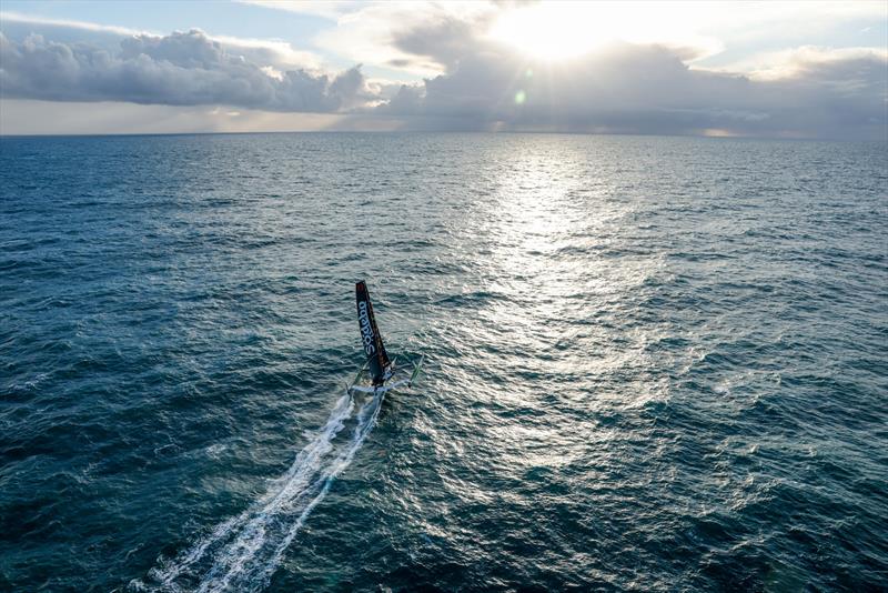 Thomas Colville and crew on Sodebo Ultim 3 off Ouessant, win the Jules Verne Trophy, a non-stop crewed round-the-world race, in Brest on Sunday 25th 2026  photo copyright Lloyd Images / Sodebo taken at  and featuring the Ultim class