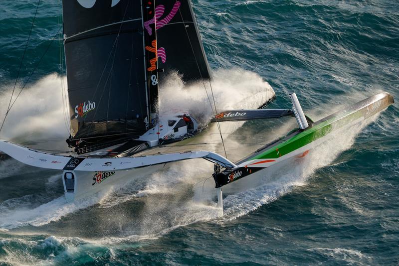 Thomas Colville and crew on Sodebo Ultim 3 off Ouessant, win the Jules Verne Trophy, a non-stop crewed round-the-world race, in Brest on Sunday 25th 2026 - photo © Lloyd Images / Sodebo
