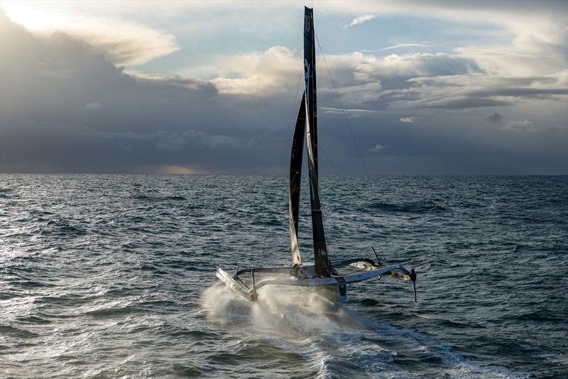 Thomas Colville and crew on Sodebo Ultim 3 off Ouessant, win the Jules Verne Trophy, a non-stop crewed round-the-world race, in Brest on Sunday 25th 2026 - photo © Lloyd Images / Sodebo