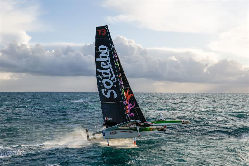 Thomas Colville and crew on Sodebo Ultim 3 off Ouessant, win the Jules Verne Trophy, a non-stop crewed round-the-world race, in Brest on Sunday 25th 2026  - photo © Lloyd Images / Sodebo