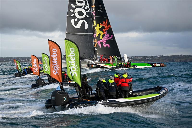 Thomas Colville and crew on Sodebo Ultim 3 off Ouessant, win the Jules Verne Trophy, a non-stop crewed round-the-world race, in Brest on Sunday 25th 2026 - photo © Vincent Curutchet / Sodebo
