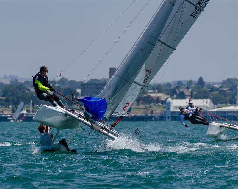Belgium team's go for a spill at the top mark on day 2 of the Viper Worlds at Geelong photo copyright Tiff Rietman taken at Royal Geelong Yacht Club and featuring the Viper class