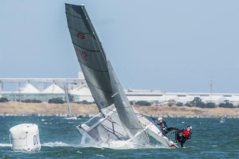 Claire Campbell and James Moeller capsize on day 3 of the Viper Worlds at Geelong photo copyright Tom Smeaton taken at Royal Geelong Yacht Club and featuring the Viper class