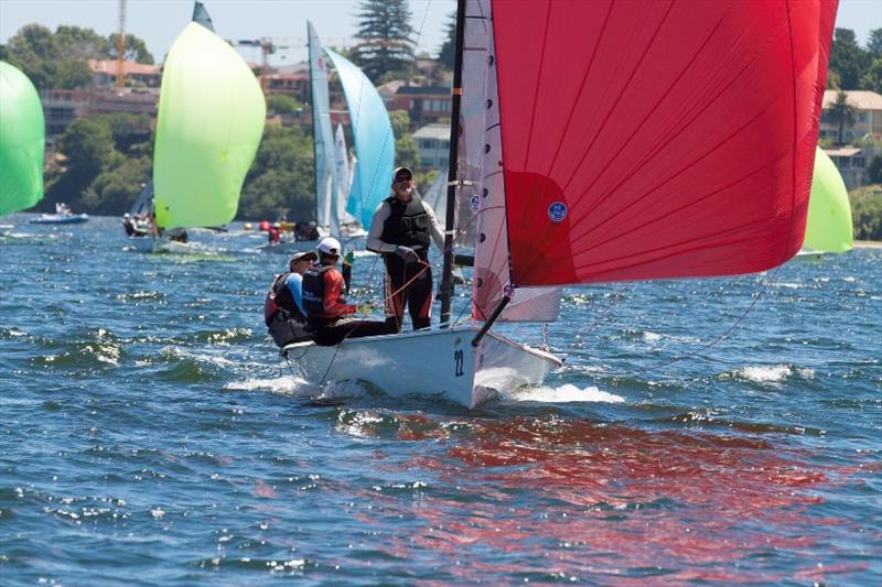 Brian de Vries trimming the kite on the Jerwood boat, on the way to another win - photo © Bernie Kaaks