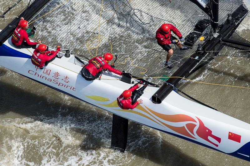 Ariel shot of ChinaSpirit as they hurtle around on day 2 of Extreme Sailing Series Florianopolis - photo © Vincent Curutchet / Dark Frame / Lloyd Images