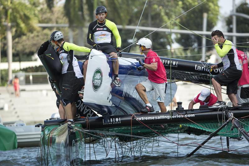 Team Aberdeen Singapore crash into Groupama on day 3 of Extreme Sailing Series Act 1, Singapore - photo © Lloyd Images