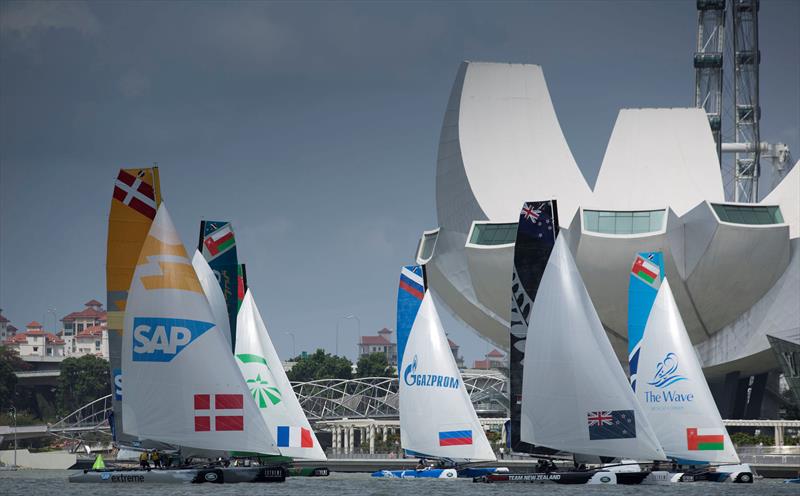 Racing on day 4 of Extreme Sailing Series Act 1, Singapore photo copyright Lloyd Images taken at  and featuring the Extreme 40 class