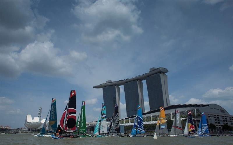 Racing on day 4 of Extreme Sailing Series Act 1, Singapore photo copyright Lloyd Images taken at  and featuring the Extreme 40 class