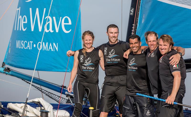 The Wave, Muscat celebrate their victory on their home waters at Extreme Sailing Series Act 2 photo copyright Lloyd Images taken at Oman Sail and featuring the Extreme 40 class