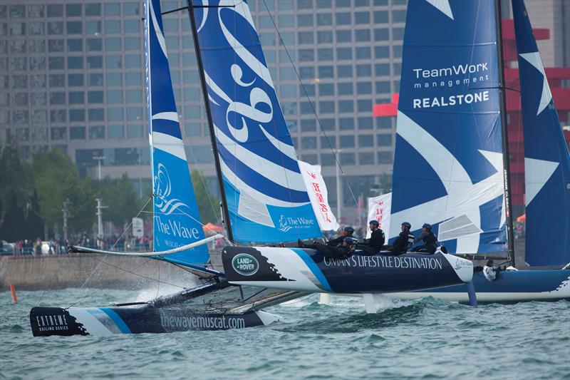 The Wave, Muscat fly a hull on day 3 of the Land Rover Extreme Sailing Series Act 3 Qingdao, for the 'Double Star Mingren' Cup - photo © Lloyd Images