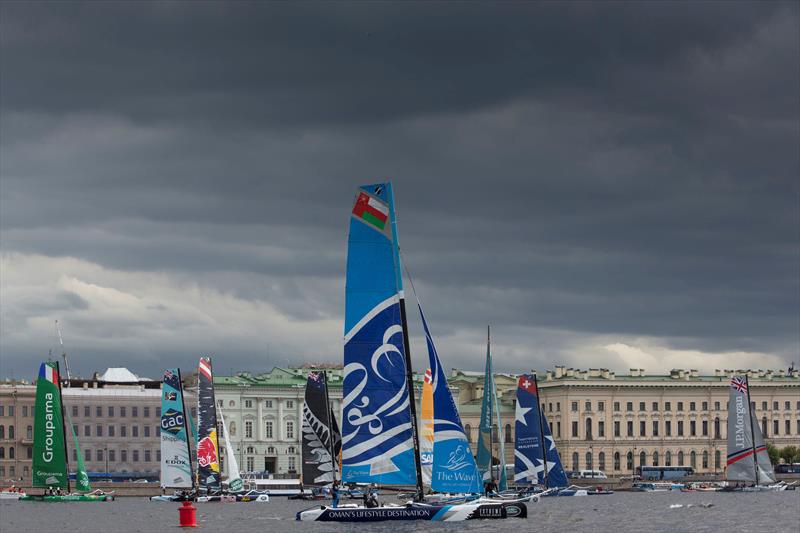 Groupama sailing team and Oman Air go head to head in the Saint Petersburg racecourse on the opening day of Act 4 in Russia photo copyright Lloyd Images taken at  and featuring the Extreme 40 class