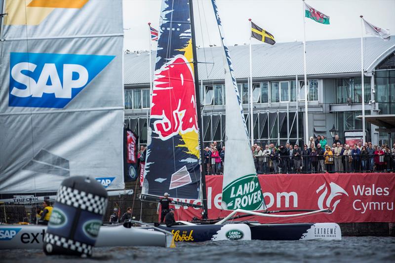 Red Bull Sailing Team race close to the locals on day 3 of Act 5, Cardiff photo copyright Lloyd Images taken at  and featuring the Extreme 40 class