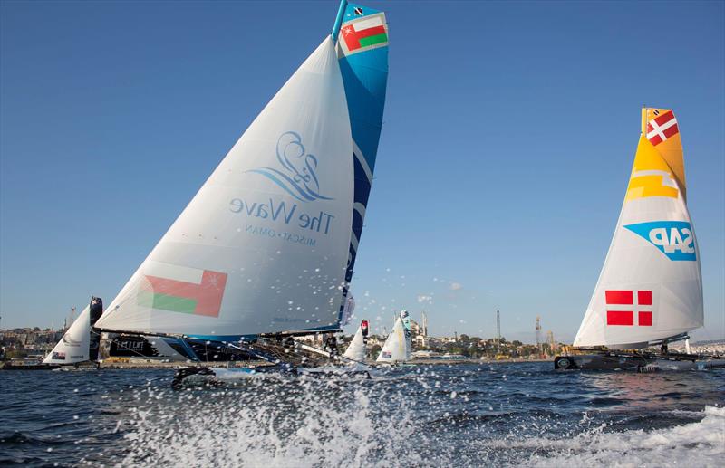 The Wave, Muscat lead the fleet as they fly downwind on day 1 of Act 6, Istanbul photo copyright Lloyd Images taken at  and featuring the Extreme 40 class