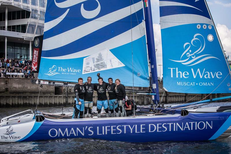 The Wave, Muscat celebrate their win at Extreme Sailing Series Act 5, Hamburg photo copyright Jesus Renedo / OC Sport taken at  and featuring the Extreme 40 class