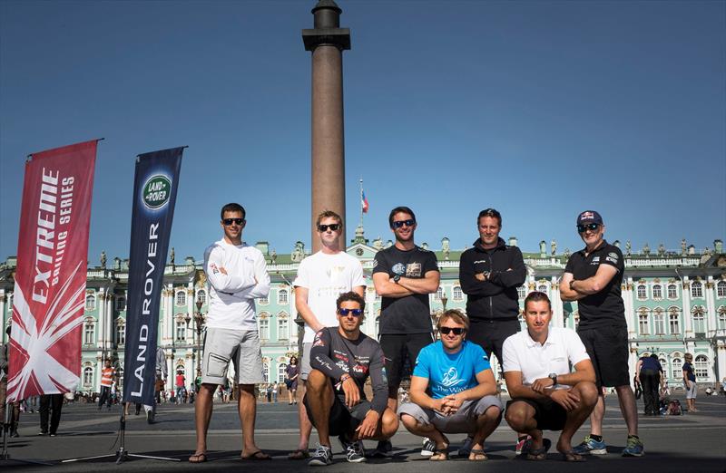 Skippers Igor Lisovenko, Stevie Morrison, Adam Minoprio, Jes Gram-Hansen, Roman Hagara, Edhem Dirvana, Leigh McMillan and Enrico Zennaro on day 2 of Extreme Sailing Series Act 6, St Petersburg - photo © Lloyd Images