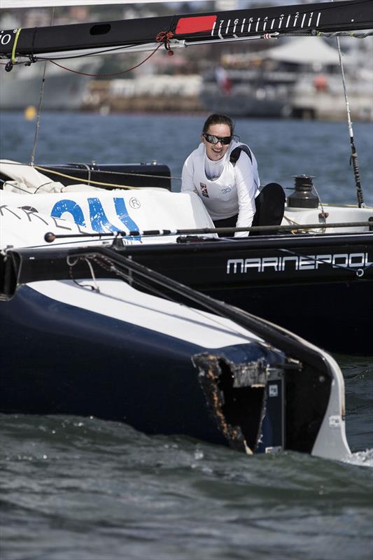 33 South Racing's skipper Katie Spithill checks out the damage after her collision with Lino Sonego Team Italia on day 1 of Extreme Sailing Series™ Act 8, Sydney photo copyright Lloyd Images taken at  and featuring the Extreme 40 class