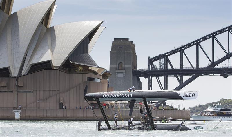 Lino Sonego Team Italia capsize their Extreme 40 during race 2 on day 2 of Extreme Sailing Series™ Act 8, Sydney photo copyright Lloyd Images taken at  and featuring the Extreme 40 class