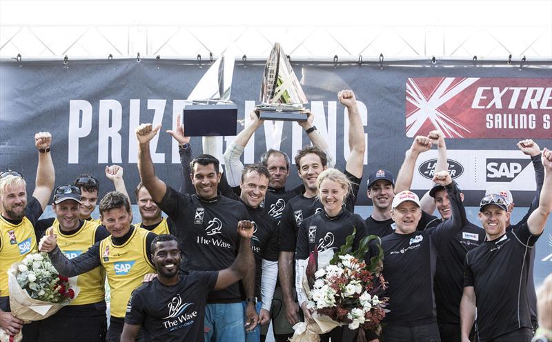 The Extreme Sailing Series podium - The Wave, Muscat (OMA), SAP Extreme Sailing Team (DEN) and Red Bull Sailing Team (AUT) photo copyright Lloyd Images taken at  and featuring the Extreme 40 class