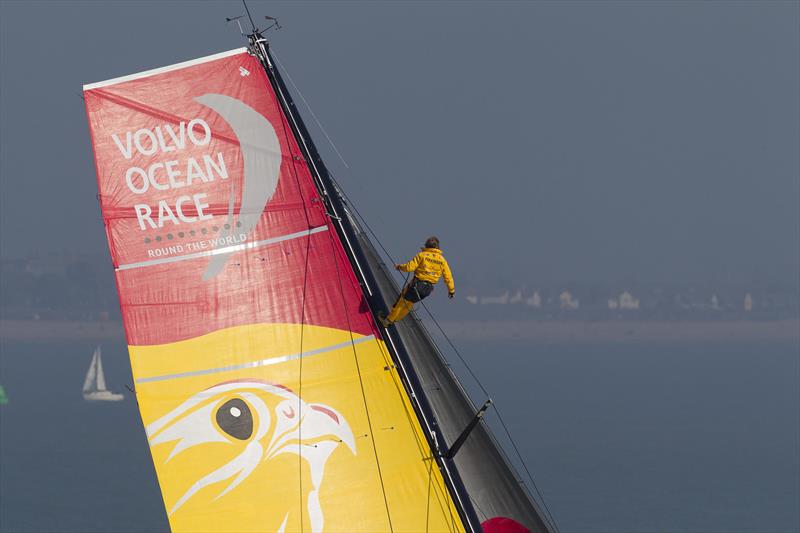 Abu Dhabi Ocean Racing Bowman Helmsman, Luke 'Parko' Parkinson, up the rig photo copyright Ian Roman / www.ianroman.com taken at  and featuring the Volvo One-Design class