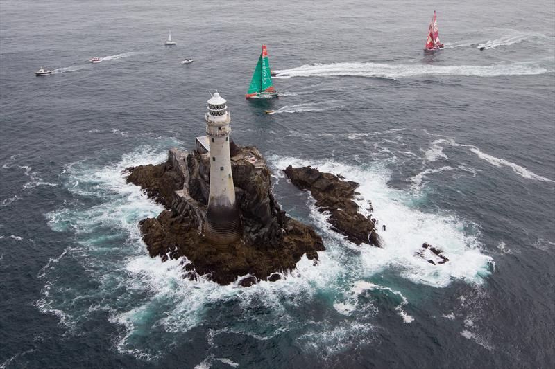 Groupama and CAMPER with Emirates Team New Zealand rounding the Fastnet Rock in 2012 - photo © Ian Roman / Volvo Ocean Race
