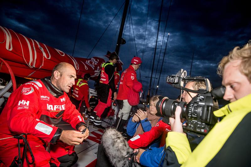 Skipper Xabi Fernández (left) on board MAPFRE after finishing the Rolex Fastnet Race photo copyright María Muiña / MAPFRE taken at Royal Ocean Racing Club and featuring the Volvo One-Design class