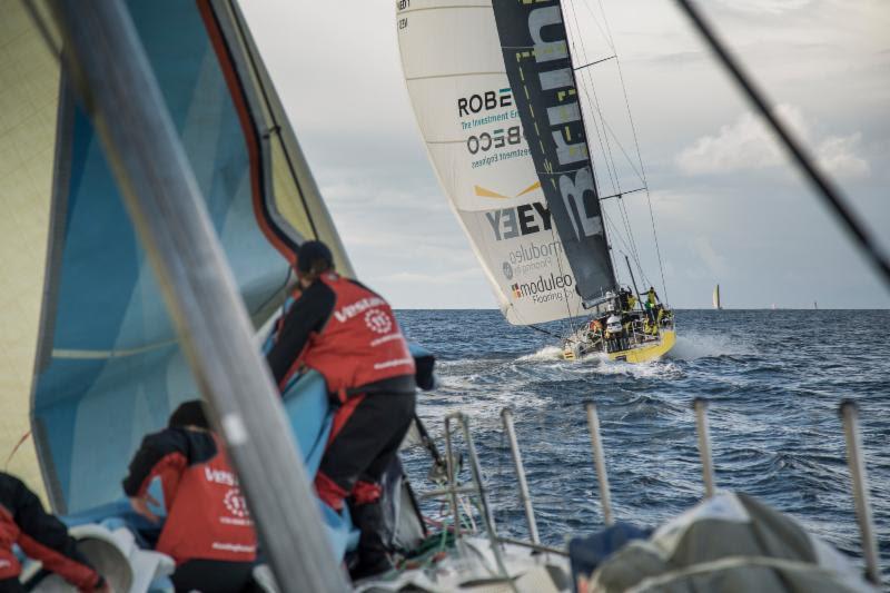 On board Vestas 11th Hour Racing during a knife-edge battle between the VO65s in the Rolex Fastnet Race photo copyright Martin Keruzore / Volvo Ocean Race taken at Royal Ocean Racing Club and featuring the Volvo One-Design class