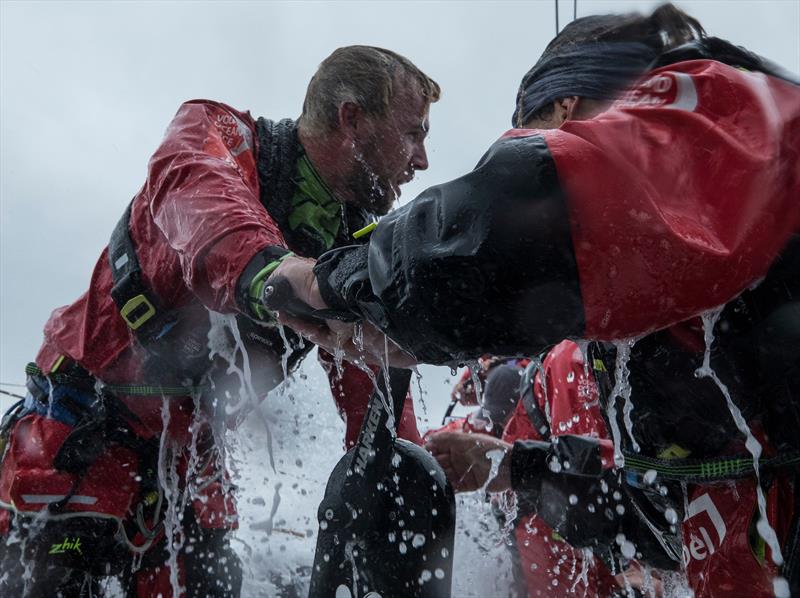 Brad Farrand and Martine Grael at the pedestal onboard team AkzoNobel during Volvo Ocean Race Leg Zero photo copyright James Blake / Volvo Ocean Race taken at  and featuring the Volvo One-Design class