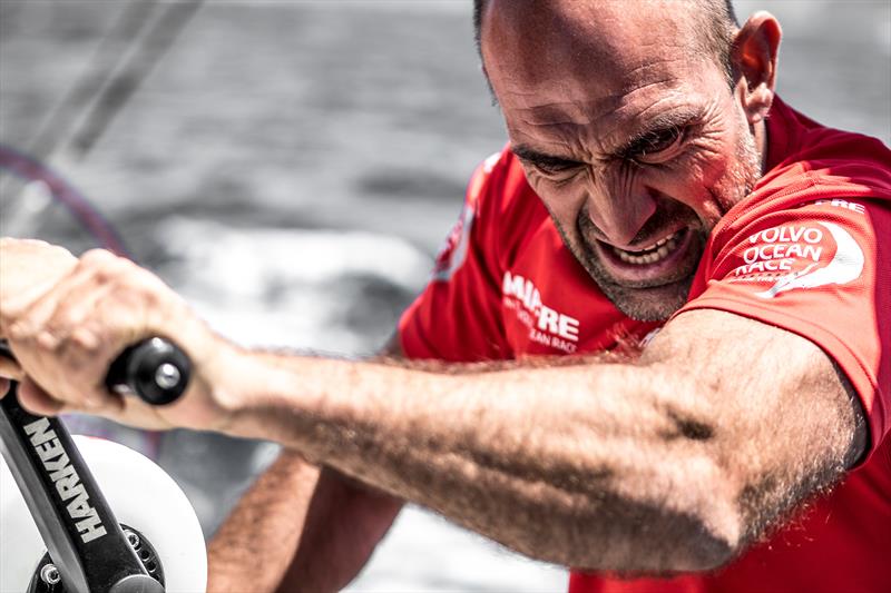 MAPFRE skipper Xabi Fernández grinding during Volvo Ocean Race Leg Zero - photo © Ugo Fonolla / Volvo Ocean Race