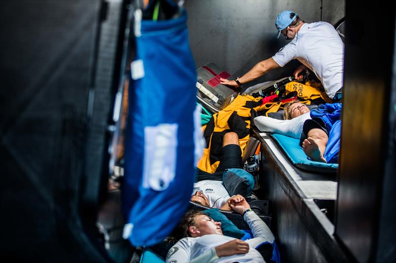 4 hours on, 4 hours off - the Turn the Tide on Plastic crew grab some rest in between sailing shifts photo copyright Jen Edney / Volvo Ocean Race taken at  and featuring the Volvo One-Design class