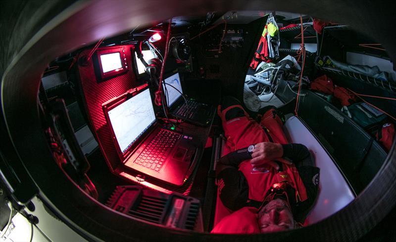 Onboard Sun Hung Kai/Scallywag navigator Steve Hayles naps in between position reports - photo © Jeremie Lecaudey / Volvo Ocean Race