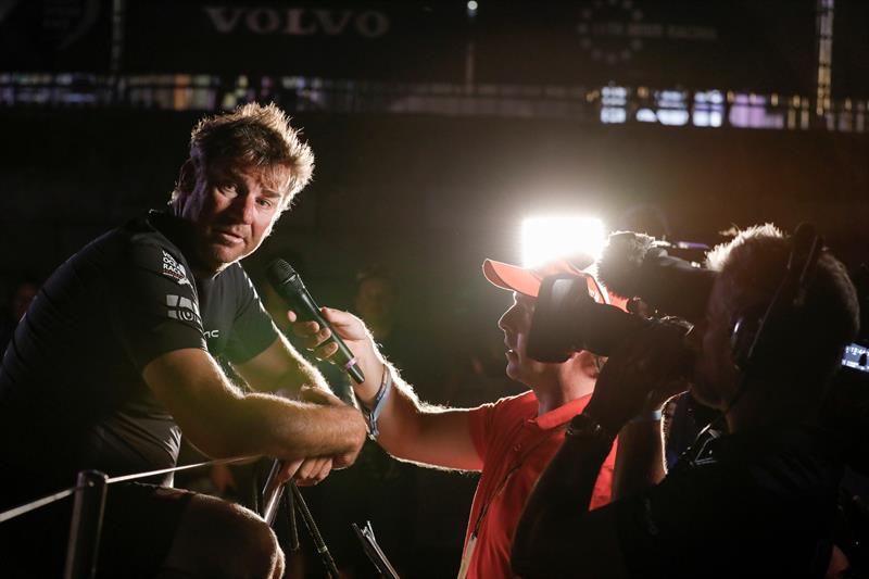 Skipper David Witt is more bothered about his navigator's injury than being interviewed photo copyright Ainhoa Sanchez / Volvo Ocean Race taken at  and featuring the Volvo One-Design class