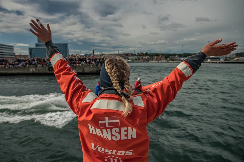 Jena Hansen saluting her home crowd in Aarhus on board Vestas 11th Hour Racing photo copyright Jeremie Lecaudey / Volvo Ocean Race taken at  and featuring the Volvo One-Design class