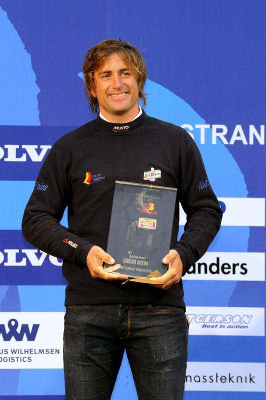 Gabriele Olivo, Telefonica Blue's Media Crew Member, receives the Inmarsat Media Award for onboard reporting during Leg 8 of the Volvo Ocean Race photo copyright Rick Tomlinson / Volvo Ocean Race taken at  and featuring the Volvo 70 class