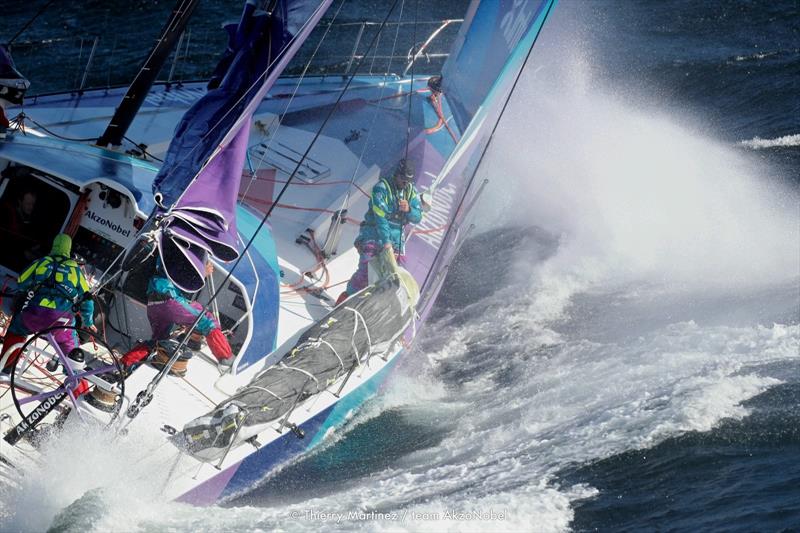 team AkzoNobel heads into big seas and 45kt winds on the first hours of Leg 3 of the Volvo Ocean Race photo copyright Thierry Martinez / teamAkzoNobel taken at  and featuring the Volvo One-Design class