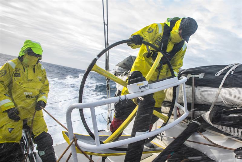 Leg 3, Cape Town to Melbourne, day 09, on board Brunel, Louis Balcaen stearing and Peter Burling with the main sheet splashed by water. - photo © Ugo Fonolla / Volvo Ocean Race