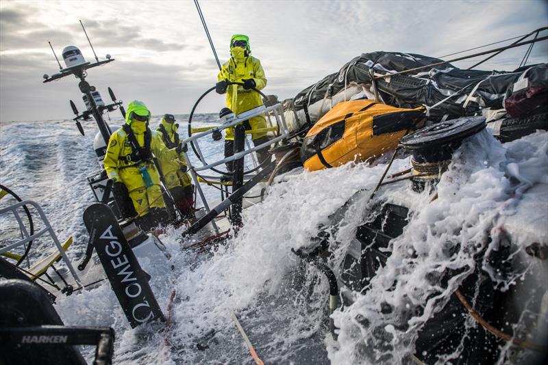 Leg 3, Cape Town to Melbourne, day 09, on board Brunel, Peter Burling stearing, Louis at the aft pedestal, Abby at the antena. - photo © Ugo Fonolla / Volvo Ocean Race