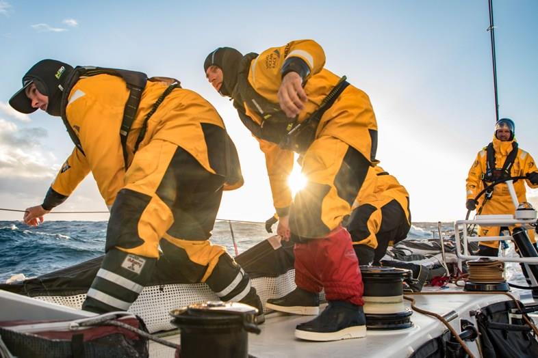 Leg 3, Cape Town to Melbourne, day 13, on board Turn the Tide on Plastic. Nico Lunven helping to stack the sail while preparig to set up the Fractional Code 0, aka FRO. - photo © Jeremie Lecaudey / Volvo Ocean Race