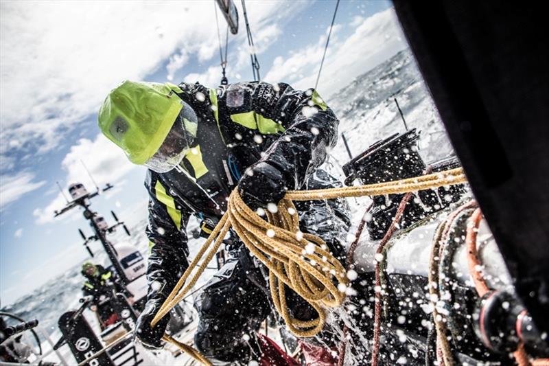Leg 3, Cape Town to Melbourne, day 14, on board Dongfeng. Black managing the pit under the waterfall. - photo © Martin Keruzore / Volvo Ocean Race