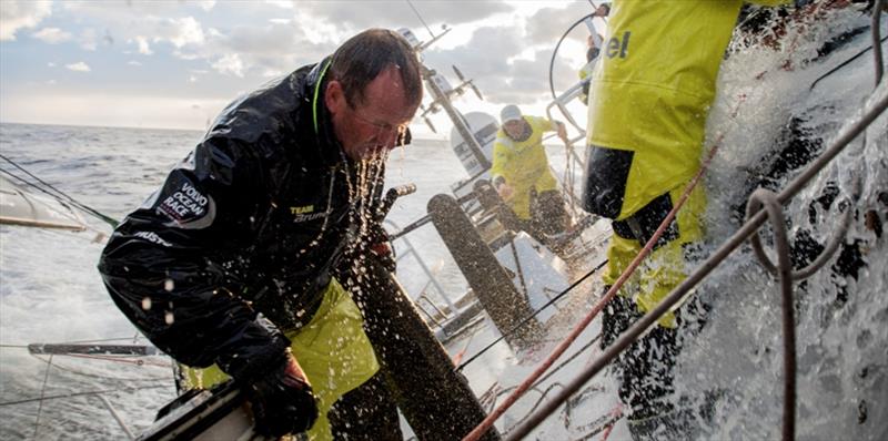 Leg Zero, Fastnet day 3, dusk, Jens Dolmer takes a wave during the fastnet photo copyright Rich Edwards / Volvo Ocean Race taken at  and featuring the Volvo One-Design class