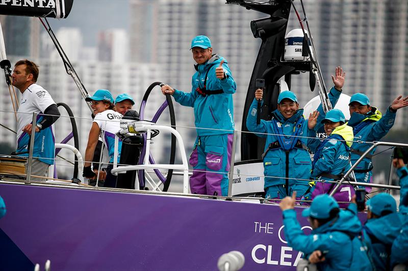 A thumbs-up from skipper Simeon Tienpont after his team AkzoNobel wins the HGC In-Port Race Hong Kong - Volvo Ocean Race photo copyright Pedro Martinez / Volvo Ocean Race taken at  and featuring the Volvo One-Design class