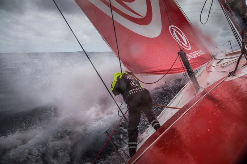 Volvo Ocean Race Leg 6 to Auckland, day 03 on board Dongfeng. Marie Riou in action at the bow in rough conditions. 09 February photo copyright Martin Keruzore / Volvo Ocean Race taken at  and featuring the Volvo One-Design class