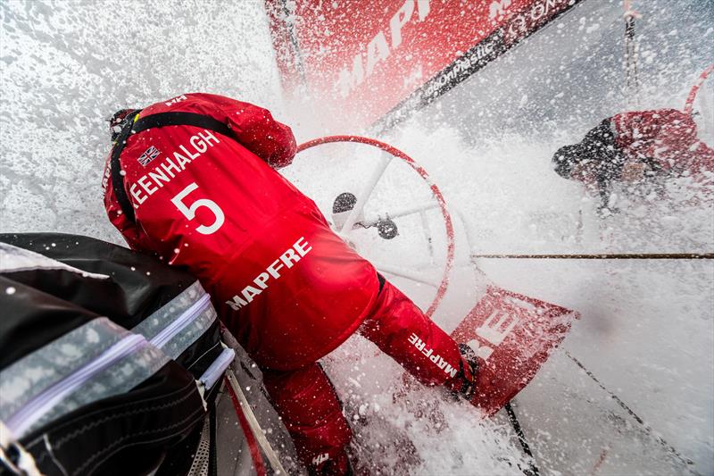 Leg 6 to Auckland, day 05 on board MAPFRE, sailing with 30 kts, Rob Greenhalgh at the helm, Louis Sinclair at the aft pedestal. There is no place to hide yourself and avoid the constant water on deck. 11 February,  2018 - photo © Ugo Fonolla / Volvo Ocean Race