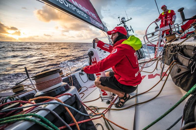 Leg 6 to Auckland, Day 7 on board MAPFRE, Blair Tuke trimming at the sunset. 13 February,  photo copyright Ugo Fonolla / Volvo Ocean Race taken at  and featuring the Volvo One-Design class