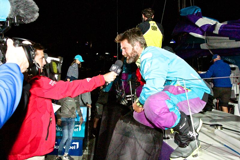Skipper Simeon Tienpont is interviewed after winning Leg 6 Team AzkoNobel, Volvo Ocean Race - Leg 6 Finish, Auckland, February 28, photo copyright Richard Gladwell taken at  and featuring the Volvo One-Design class