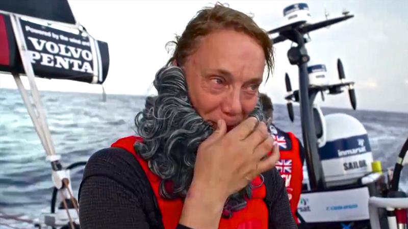 Dr Clogs tries to control her laughter after Steve Hayles fires the `viewer` question to her. - photo © Volvo Ocean Race