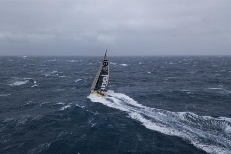 Volvo Ocean Race Leg 7 from Auckland to Itajai, day 07 on board Brunel. Drone picture. 51 South. 35-38 knots of wind. Three reefs in the main sail. Top boatspeed of the day 36.1 knots. Drone back onboard. - photo © Yann Riou / Volvo Ocean Race