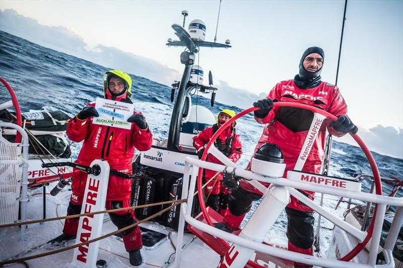 Leg 7 from Auckland to Itajai, day 08 on board MAPFRE, passing Point Nemo, Blair Tuke holding the signal, Xabi steering and Tamara at the back 25 March,  photo copyright Ugo Fonolla / Volvo Ocean Race taken at  and featuring the Volvo One-Design class